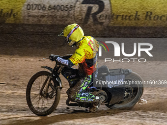 Guest rider Lewis Kerr of the Leicester Lions competes during the Rowe Motor Oil Premiership Grand Final 1st Leg between Belle Vue Aces and...