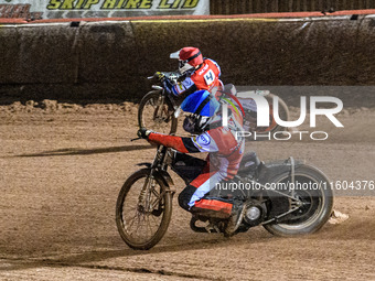 Belle Vue Aces' Antti Vuolas in blue rides inside Belle Vue Aces' guest rider Niels K. Iversen in red during the Rowe Motor Oil Premiership...