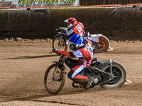 Belle Vue Aces' Antti Vuolas in blue rides inside Belle Vue Aces' guest rider Niels K. Iversen in red during the Rowe Motor Oil Premiership...