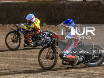 Belle Vue Aces' Antti Vuolas in blue chases Leicester Lions' Luke Becker in white during the Rowe Motor Oil Premiership Grand Final 1st Leg...