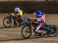 Belle Vue Aces' Antti Vuolas in blue chases Leicester Lions' Luke Becker in white during the Rowe Motor Oil Premiership Grand Final 1st Leg...