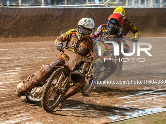 Leicester Lions' Ryan Douglas in white leads Belle Vue Aces' Brady Kurtz in red and Leicester Lions' Richard Lawson in yellow during the Row...