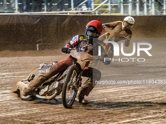 Belle Vue Aces' Brady Kurtz in red leads Leicester Lions' Ryan Douglas in white during the Rowe Motor Oil Premiership Grand Final 1st Leg be...