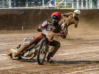 Belle Vue Aces' Brady Kurtz in red leads Leicester Lions' Ryan Douglas in white during the Rowe Motor Oil Premiership Grand Final 1st Leg be...