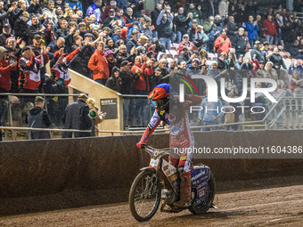 Belle Vue Aces' Dan Bewley acknowledges the fans during the Rowe Motor Oil Premiership Grand Final 1st Leg between Belle Vue Aces and Leices...