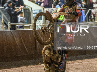 Belle Vue Aces' Brady Kurtz celebrates with a wheelie during the Rowe Motor Oil Premiership Grand Final 1st Leg between Belle Vue Aces and L...