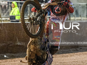 Dan Bewley of Belle Vue Aces celebrates with a wheelie during the Rowe Motor Oil Premiership Grand Final 1st Leg between Belle Vue Aces and...