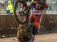 Dan Bewley of Belle Vue Aces celebrates with a wheelie during the Rowe Motor Oil Premiership Grand Final 1st Leg between Belle Vue Aces and...