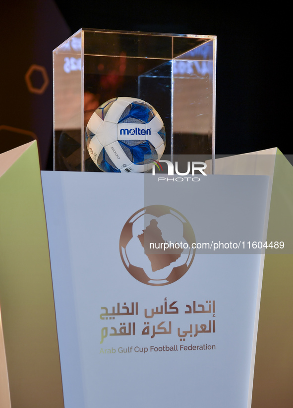 The official ball of the 2024-25 Gulf Club Champions League is displayed on stage during the 2024-25 Gulf Club Champions League draw ceremon...