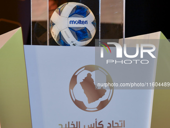 The official ball of the 2024-25 Gulf Club Champions League is displayed on stage during the 2024-25 Gulf Club Champions League draw ceremon...