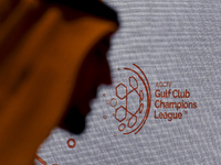 The new Gulf Club Champions League logo is displayed on the screen during the 2024-25 Gulf Club Champions League draw ceremony in Doha, Qata...