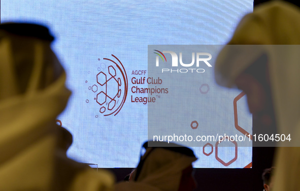 The new Gulf Club Champions League logo is displayed on the screen during the 2024-25 Gulf Club Champions League draw ceremony in Doha, Qata...