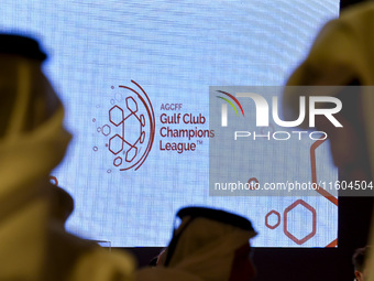 The new Gulf Club Champions League logo is displayed on the screen during the 2024-25 Gulf Club Champions League draw ceremony in Doha, Qata...