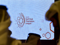 The new Gulf Club Champions League logo is displayed on the screen during the 2024-25 Gulf Club Champions League draw ceremony in Doha, Qata...