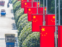 National flags fly along the Golden Buddha Avenue to celebrate the upcoming National Day in Chongqing, China, on September 24, 2024. (