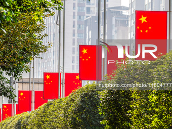 National flags fly along the Golden Buddha Avenue to celebrate the upcoming National Day in Chongqing, China, on September 24, 2024. (