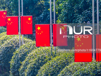 National flags fly along the Golden Buddha Avenue to celebrate the upcoming National Day in Chongqing, China, on September 24, 2024. (