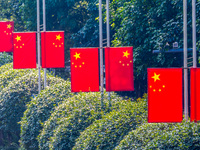 National flags fly along the Golden Buddha Avenue to celebrate the upcoming National Day in Chongqing, China, on September 24, 2024. (