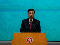 Hong Kong Chief Executive John Lee speaks at a press conference before his Executive Council meeting in Hong Kong, China, on September 24, 2...