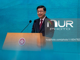 Hong Kong Chief Executive John Lee speaks at a press conference before his Executive Council meeting in Hong Kong, China, on September 24, 2...