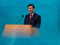 Hong Kong Chief Executive John Lee speaks at a press conference before his Executive Council meeting in Hong Kong, China, on September 24, 2...