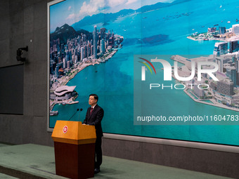 Hong Kong Chief Executive John Lee speaks at a press conference before his Executive Council meeting in Hong Kong, China, on September 24, 2...