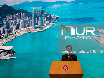 Hong Kong Chief Executive John Lee speaks at a press conference before his Executive Council meeting in Hong Kong, China, on September 24, 2...