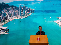 Hong Kong Chief Executive John Lee speaks at a press conference before his Executive Council meeting in Hong Kong, China, on September 24, 2...