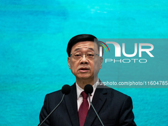 Hong Kong Chief Executive John Lee speaks at a press conference before his Executive Council meeting in Hong Kong, China, on September 24, 2...