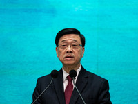 Hong Kong Chief Executive John Lee speaks at a press conference before his Executive Council meeting in Hong Kong, China, on September 24, 2...