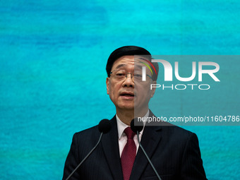 Hong Kong Chief Executive John Lee speaks at a press conference before his Executive Council meeting in Hong Kong, China, on September 24, 2...