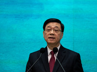 Hong Kong Chief Executive John Lee speaks at a press conference before his Executive Council meeting in Hong Kong, China, on September 24, 2...