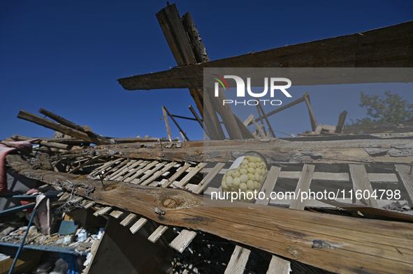 A jar with olives is seen on the ruins of a house destroyed by Russian shelling in the Vozdvyzhivka territorial community, Zaporizhzhia regi...