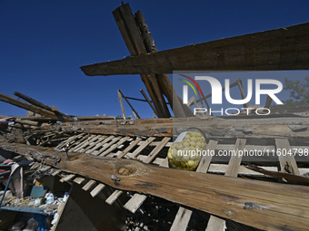 A jar with olives is seen on the ruins of a house destroyed by Russian shelling in the Vozdvyzhivka territorial community, Zaporizhzhia regi...