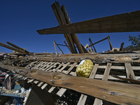 A jar with olives is seen on the ruins of a house destroyed by Russian shelling in the Vozdvyzhivka territorial community, Zaporizhzhia regi...