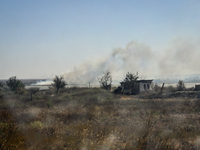 Fires burn along the road from Kurakhove to Hirnyk as a result of Russian artillery shelling in Pokrovsk district, Donetsk region, eastern U...