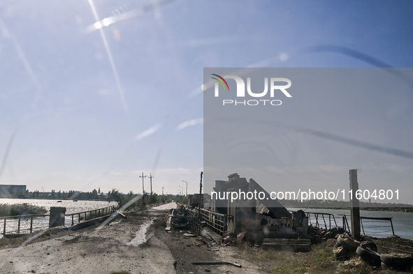 The dam of the Kurakhove Reservoir is seen after a Russian shelling in Pokrovsk district, Donetsk region, eastern Ukraine, on September 16,...