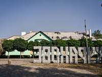 Stone letters make up a landmark sign with the name of the city of Kurakhove, Pokrovsk district, Donetsk region, eastern Ukraine, on Septemb...