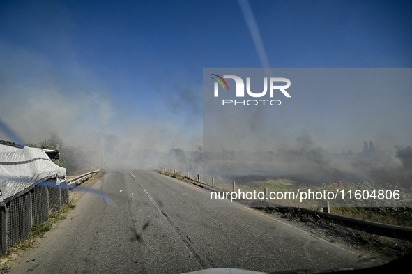 Fires burn along the road from Kurakhove to Hirnyk as a result of Russian artillery shelling in Pokrovsk district, Donetsk region, eastern U...