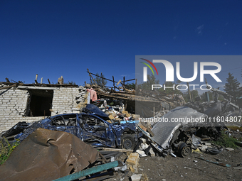 A building is destroyed by Russian shelling on the territory of the Vozdvyzhivka territorial community in Zaporizhzhia region, southeastern...