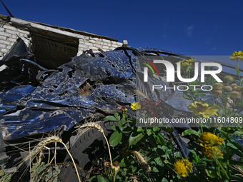 A car destroyed by Russian shelling on the territory of the Vozdvyzhivka territorial community in Zaporizhzhia region, southeastern Ukraine,...