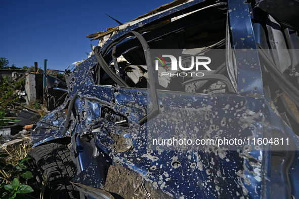 A car destroyed by Russian shelling on the territory of the Vozdvyzhivka territorial community in Zaporizhzhia region, southeastern Ukraine,...