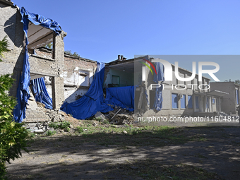 A building is destroyed by Russian shelling on the territory of the Vozdvyzhivka territorial community in Zaporizhzhia region, southeastern...