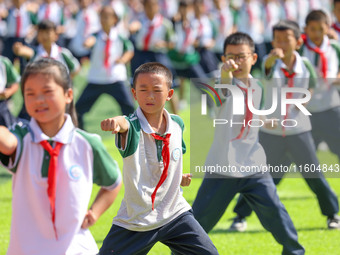 Primary school students practice martial arts during a class break in Tongren, China, on September 24, 2024. (