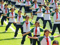 Primary school students practice martial arts during a class break in Tongren, China, on September 24, 2024. (