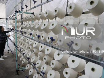 A worker produces products for export at a textile enterprise in Binzhou, China, on September 24, 2024. (