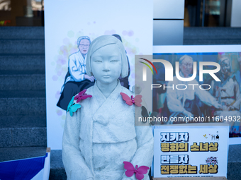 Artists and cultural figures hold a press conference in front of the German Embassy, protesting against the removal of the Peace Statue in B...