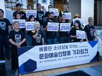 Artists and cultural figures hold a press conference in front of the German Embassy, protesting against the removal of the Peace Statue in B...