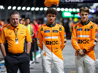 Zak Brown, CEO of McLaren F1 Team, Oscar Piastri of McLaren F1 Team MCL38, and Lando Norris of McLaren F1 Team MCL38, pose for a portrait du...