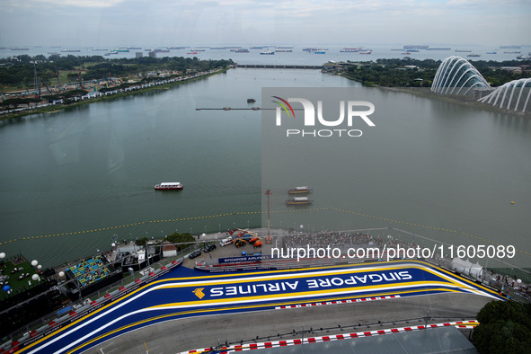 Aerial views of the Singapore street circuit during the Formula 1 Singapore Grand Prix 2024 on the Marina Bay Circuit in Singapore, from Sep...